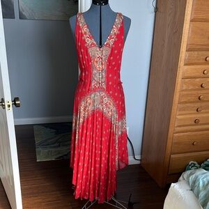 Chic Asymmetrical Red Dress with Floral Patterns